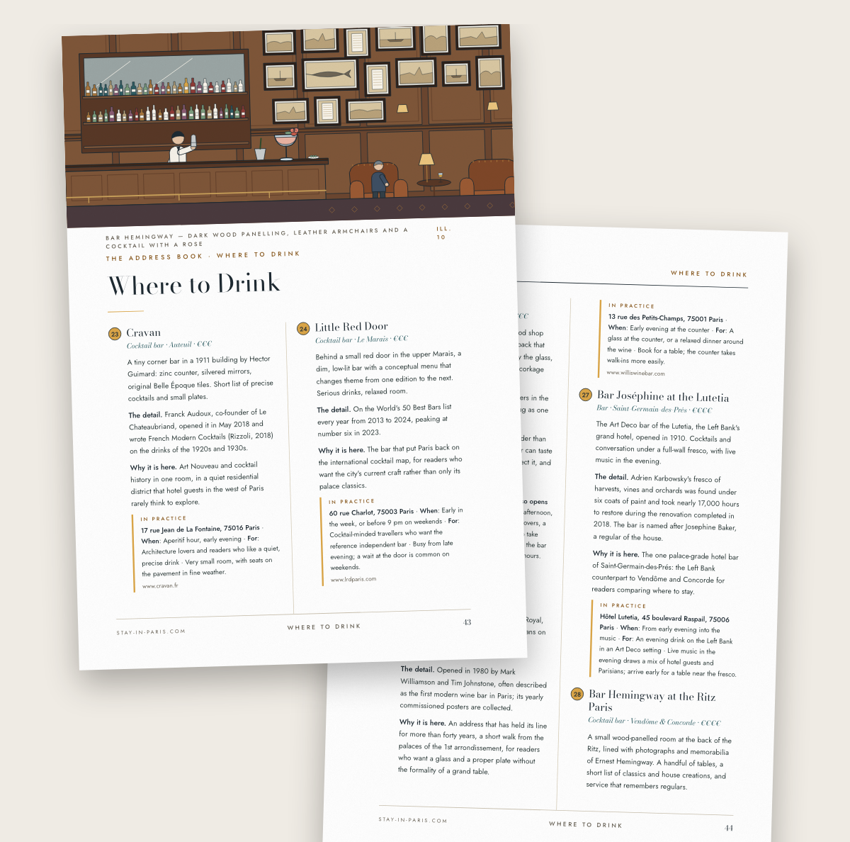 The Where to Drink chapter of The Paris City Guide, opening on an illustration of Bar Hemingway