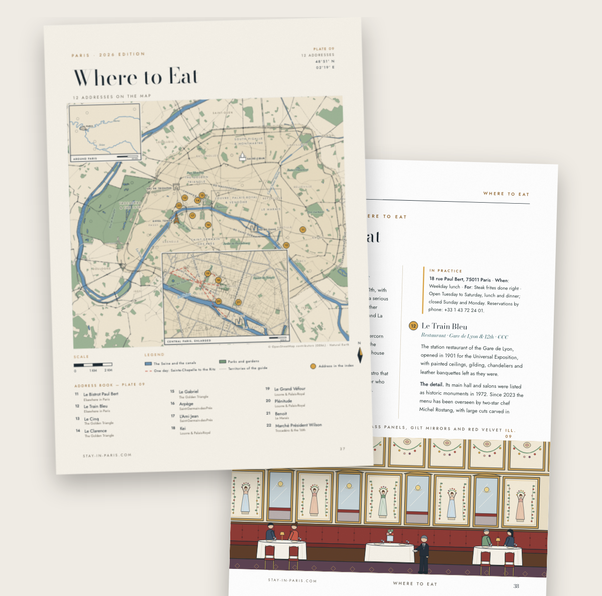The Where to Eat map of The Paris City Guide, with its twelve addresses numbered on the base map